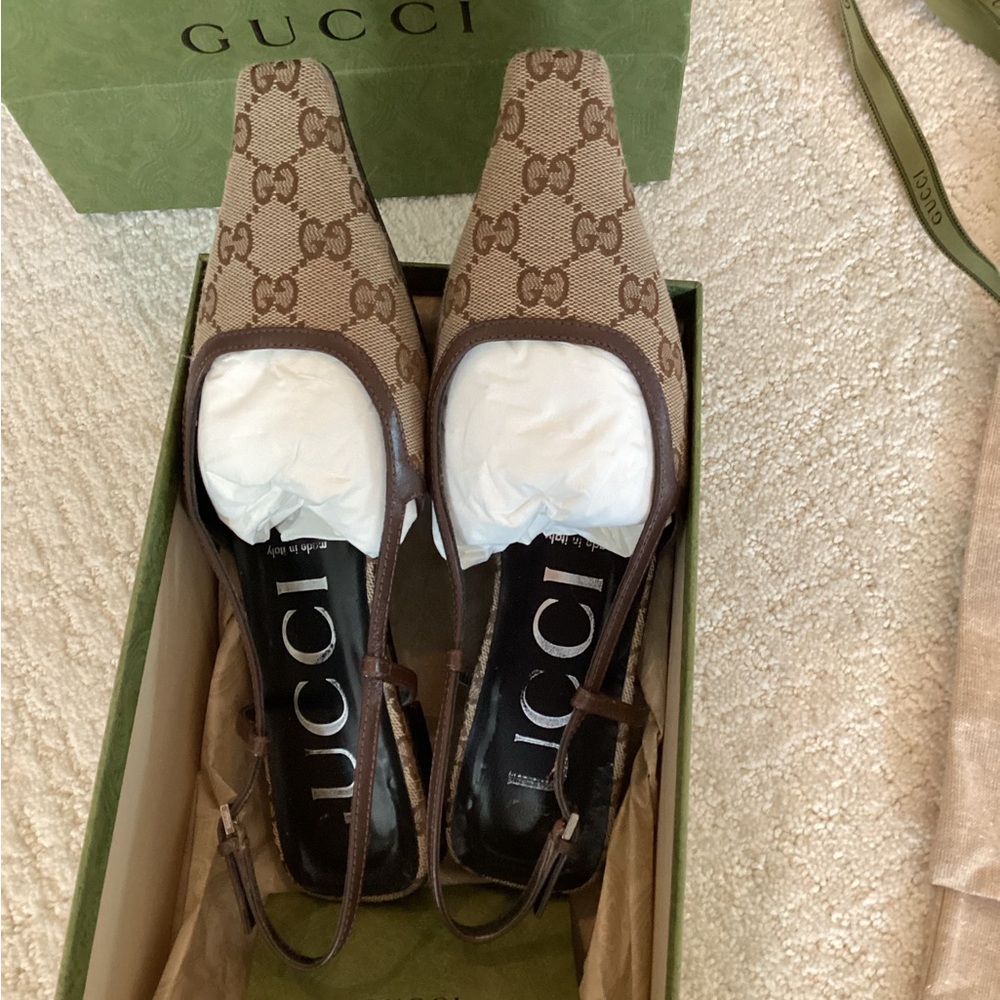 Gucci Beige and Brown Monogram Slingback Heels